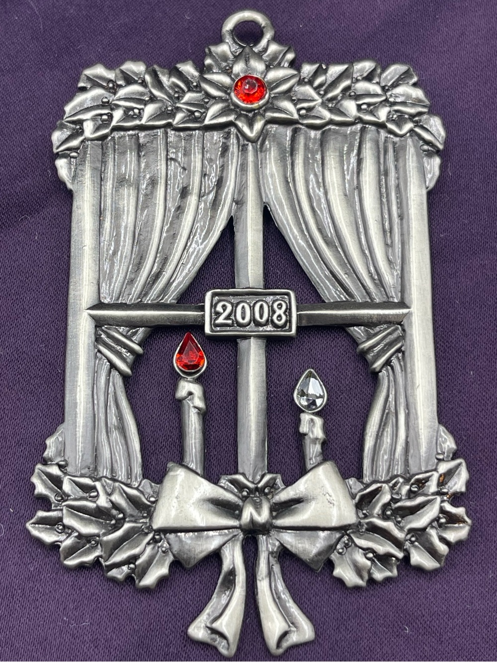 VTG Avon Annual Solid Pewter Ornament: "2008” Christmas Window w/ Red Crystals